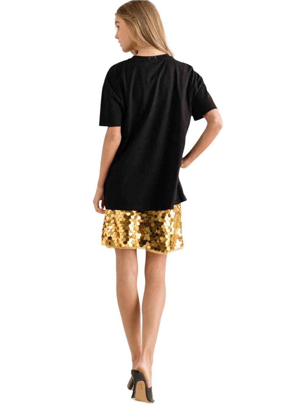 New blue b Gold Allover Pailette Disc Sequin Pull On Elastic Waist Mini Skirt - Picture 7 of 8